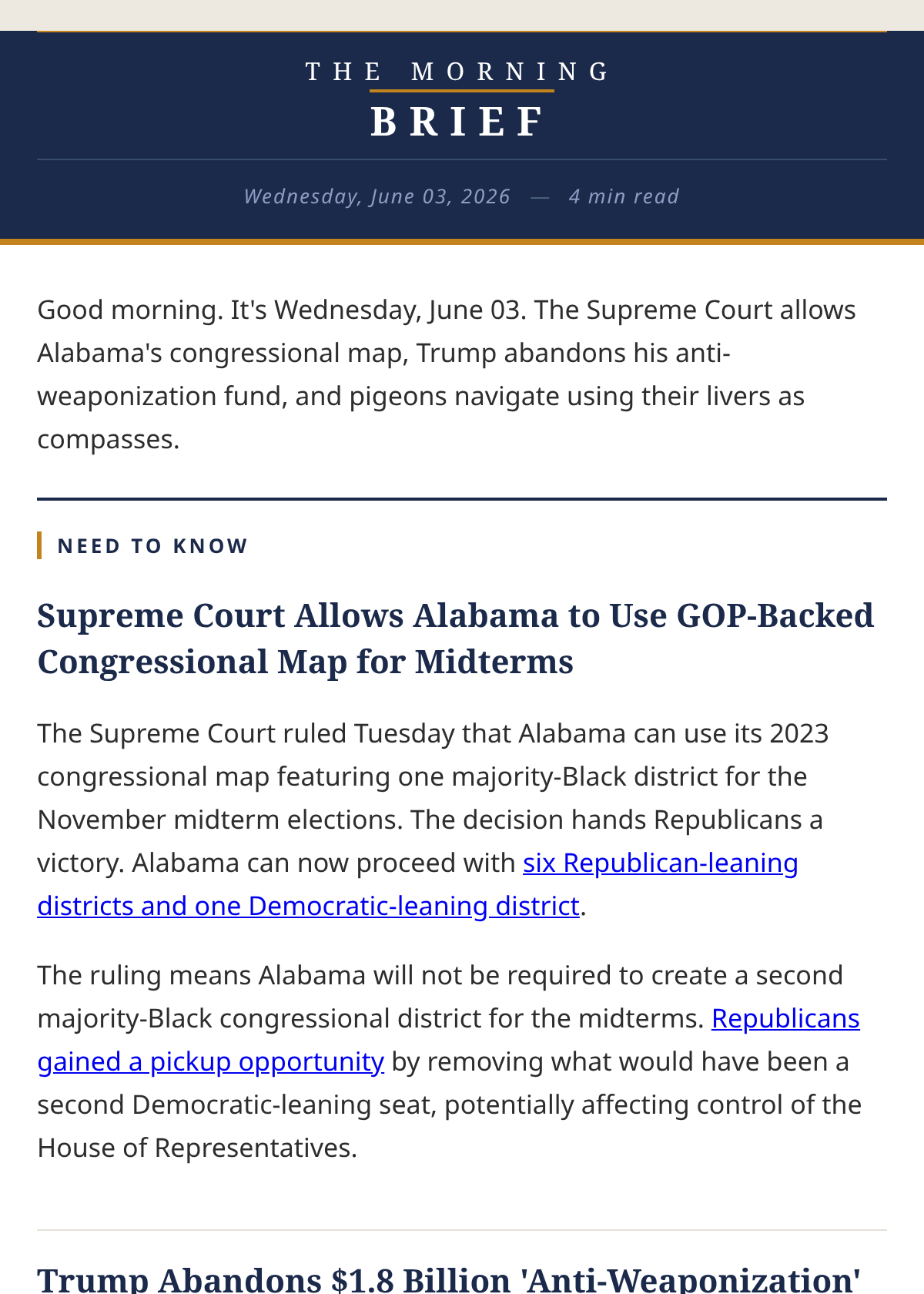 A recent edition of The Morning Brief, showing the masthead and the Need to Know section